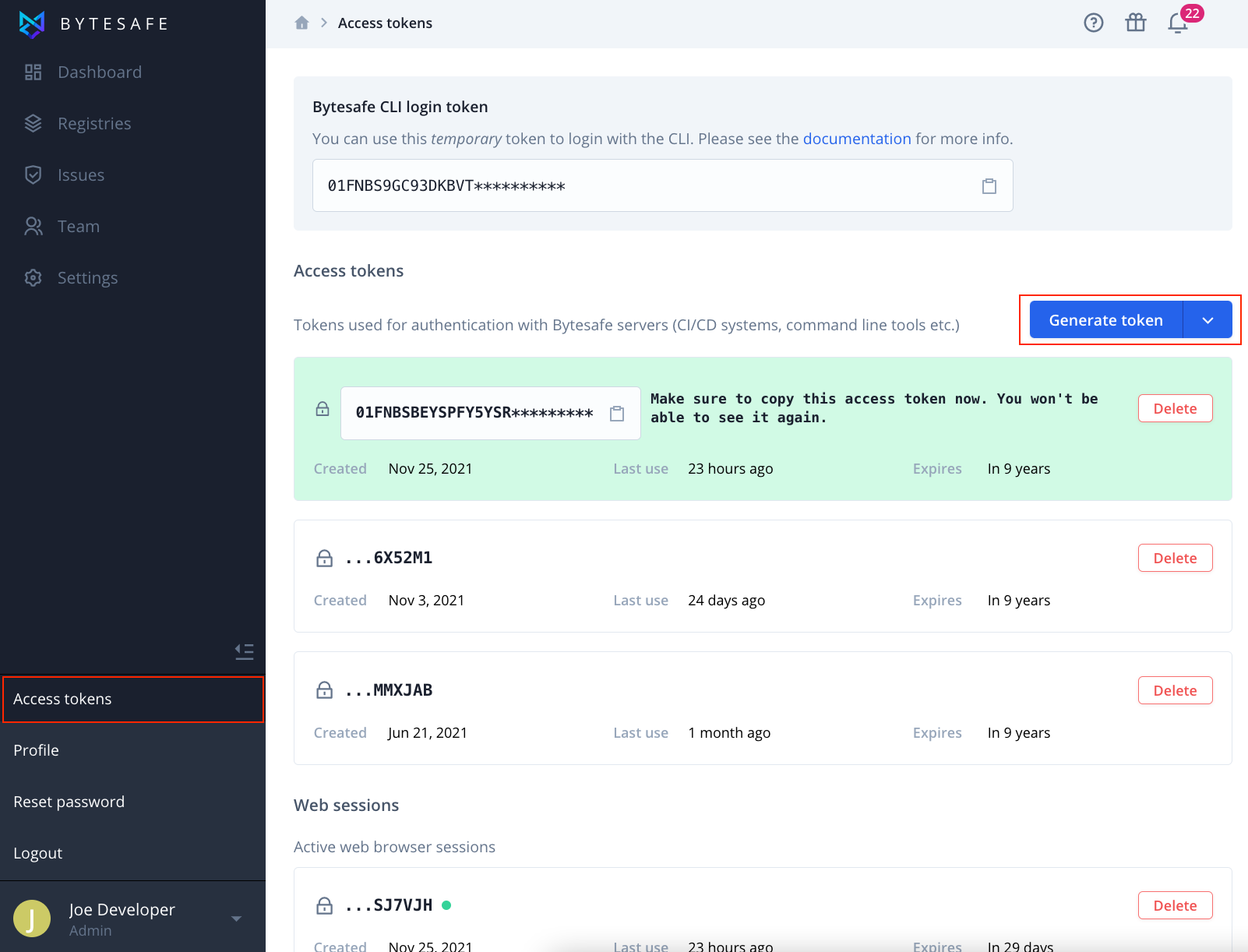 Create a secure access token in Bytesafe