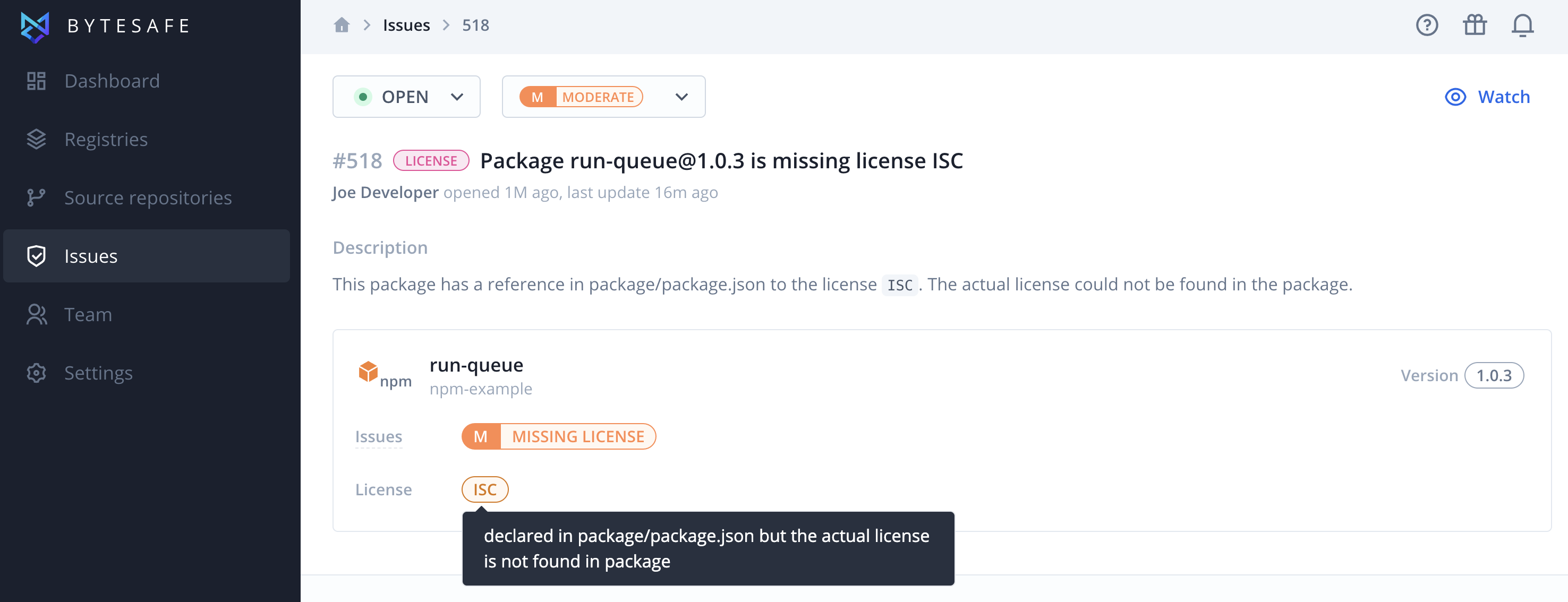 example of declared license in metadata, but missing actual license
