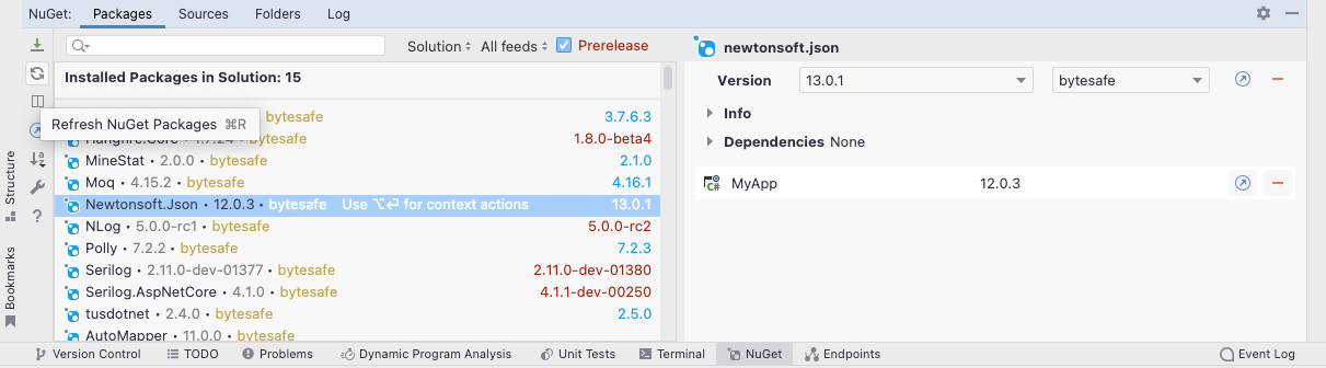 Refresh NuGet package sources in JetBrains Rider